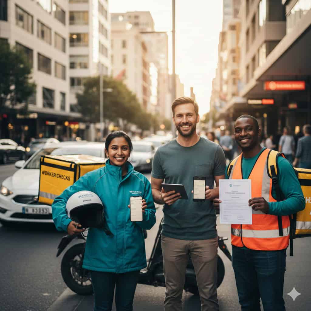 乘车和送货司机警方检查 | 国家背景筛查 1 在城市环境中,一群面带微笑的共享汽车和外卖司机手持智能手机和警方检查证明,代表着快速在线背景审查。.